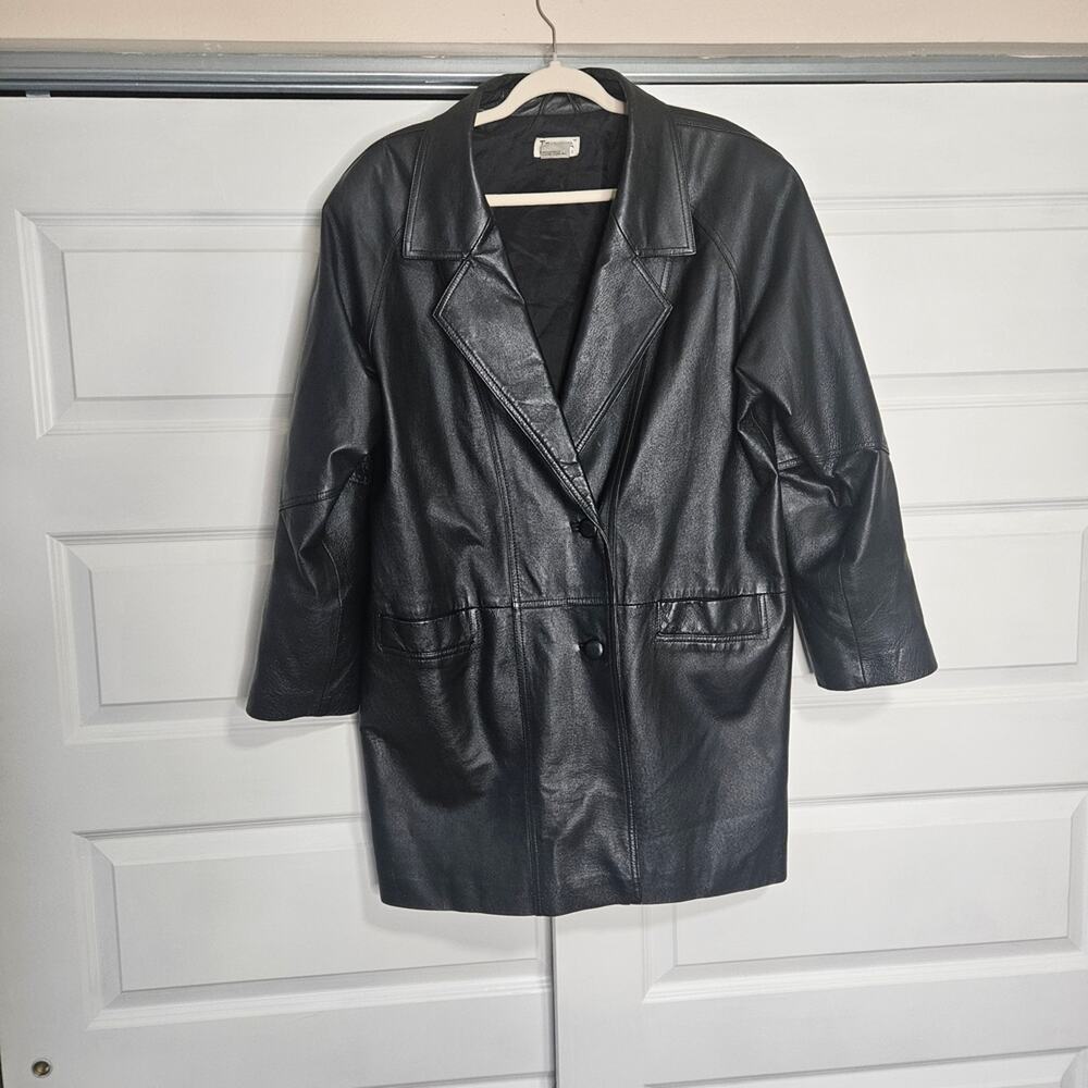 Vintage Tribeca Studio Black Leather Car Coat – Size L  90s Minimalist Cybercore